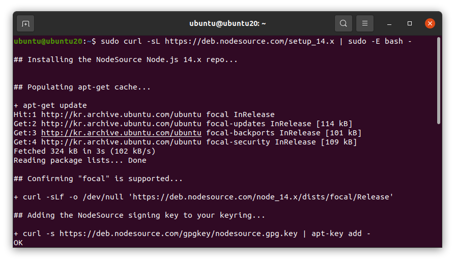 install nodejs ubuntu 20.04